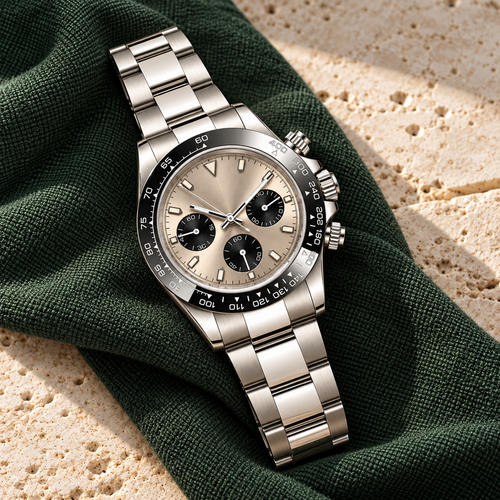 Speedline Champagne Chronograph on forest-green cloth and limestone