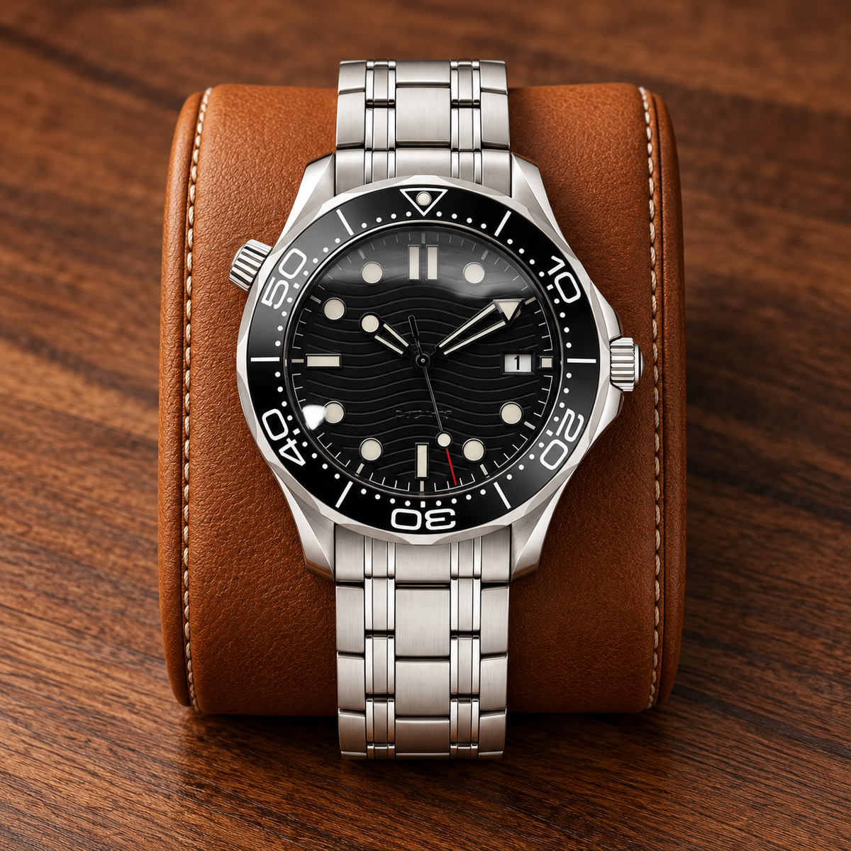 Oceanline Diver Black on cognac leather and walnut