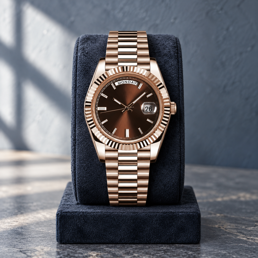 Rose-gold chocolate calendar watch on navy-blue stand, MONDAY and 26 dial