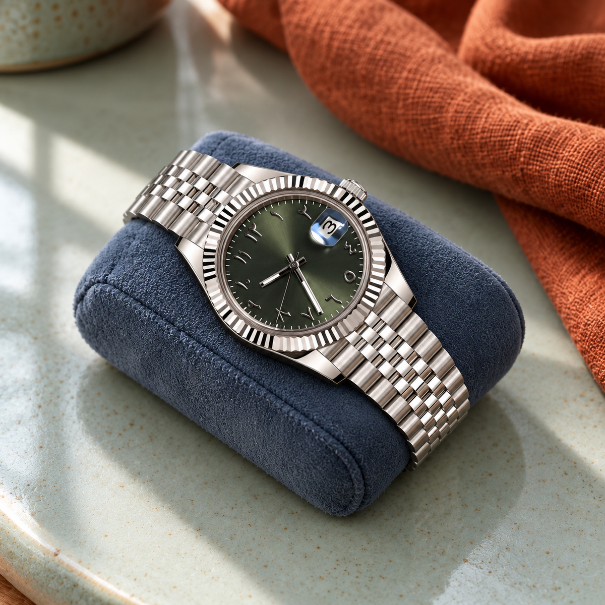 Arabic Heritage Steel & Olive Green watch on a slate-blue cushion against celadon ceramic and rust linen
