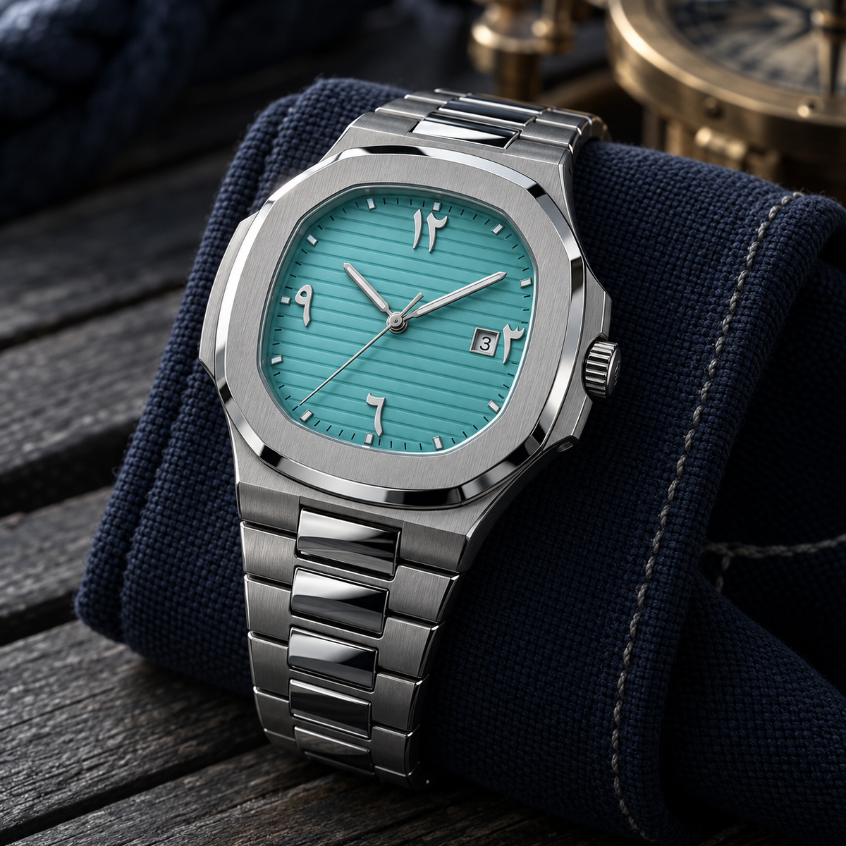 Horizon turquoise watch on midnight sailcloth over dark teak