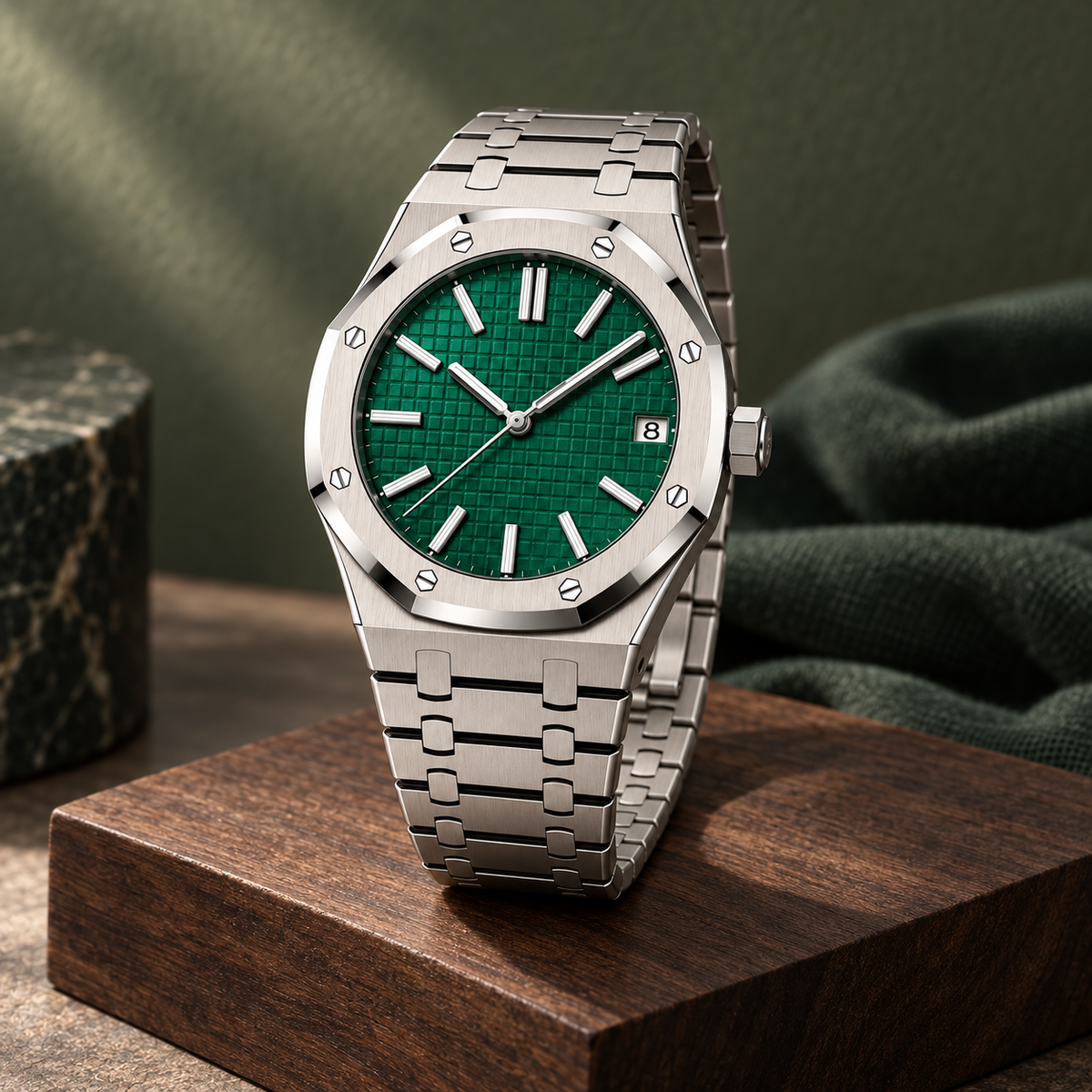Royal Sportline Forest Green crown-side view on walnut display block