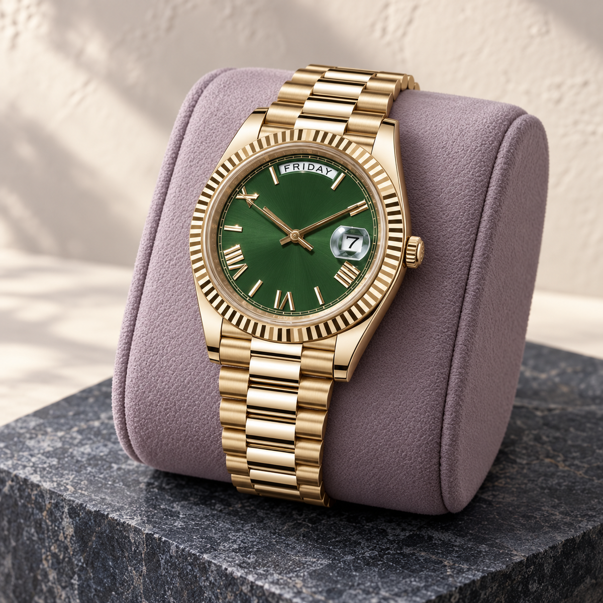 Gold Roman Olive watch on lilac cushion and charcoal stone