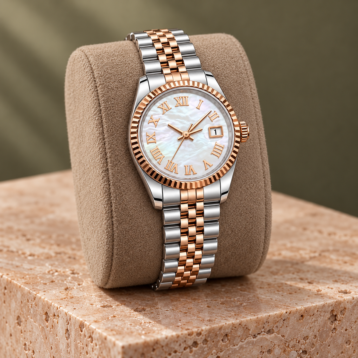 Lady Crownline Rose Gold Mother of Pearl Roman watch on taupe suede cushion and travertine