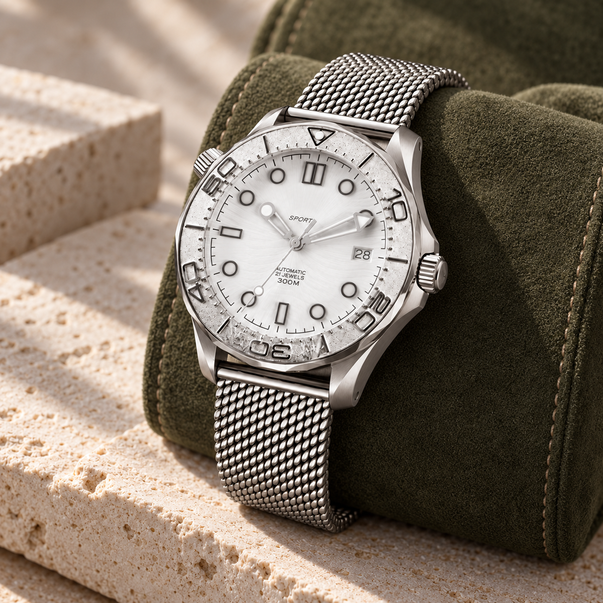 Oceanline Diver Glacier crown-side angle on olive suede and pale sandstone