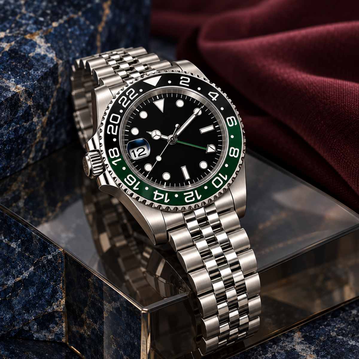 Left-handed GMT Navigator with Jubilee bracelet side angle on smoked glass