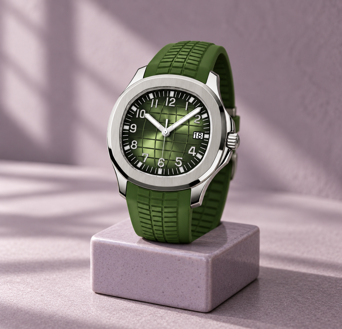 Nautiko Olive Green watch displayed on pale lilac ceramic