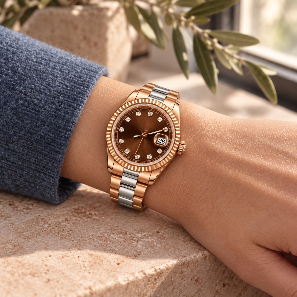 Two-Tone Cocoa Crystal watch worn with slate-blue cuff on blush stone