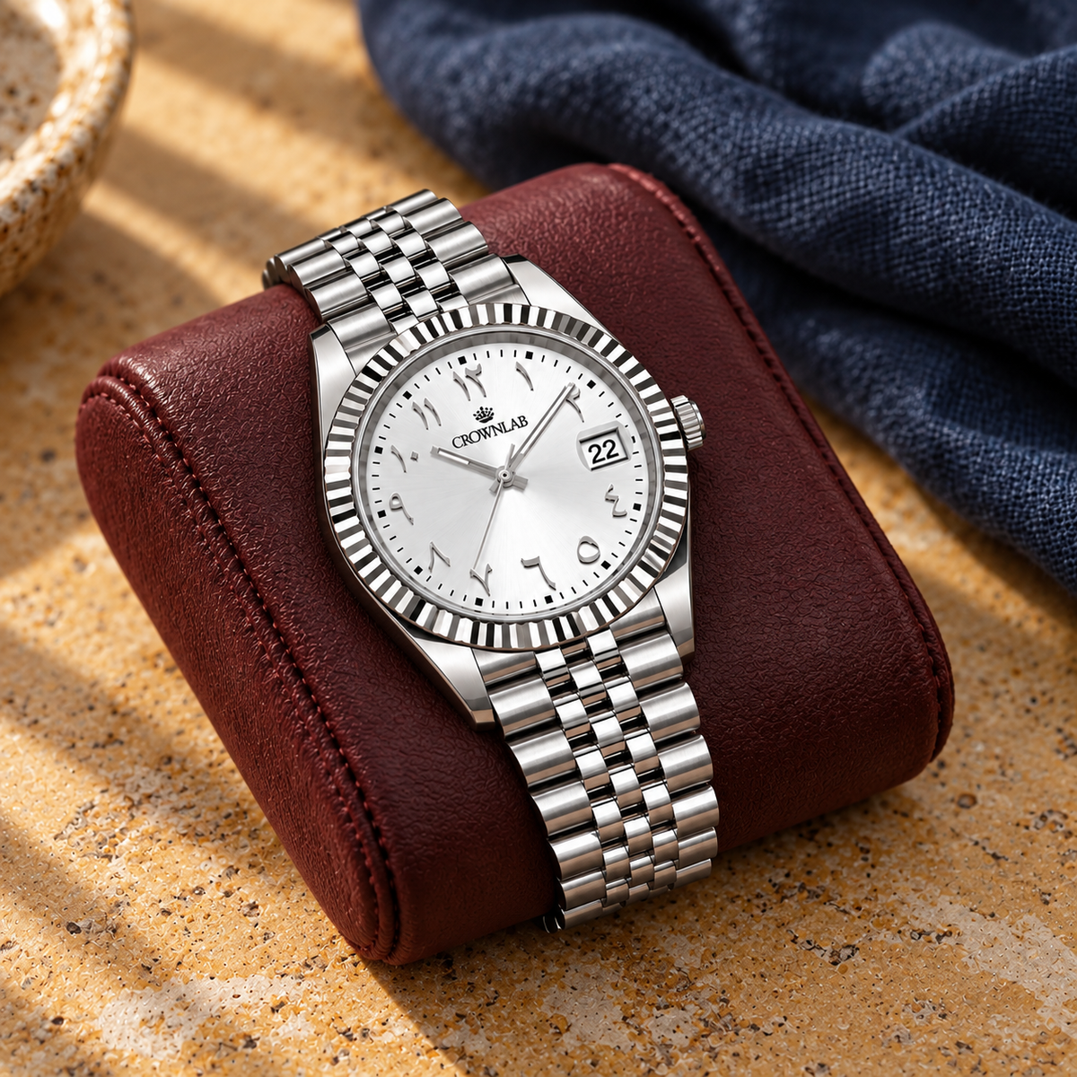 Arabic Heritage Alpine White watch on burgundy leather and ochre stone