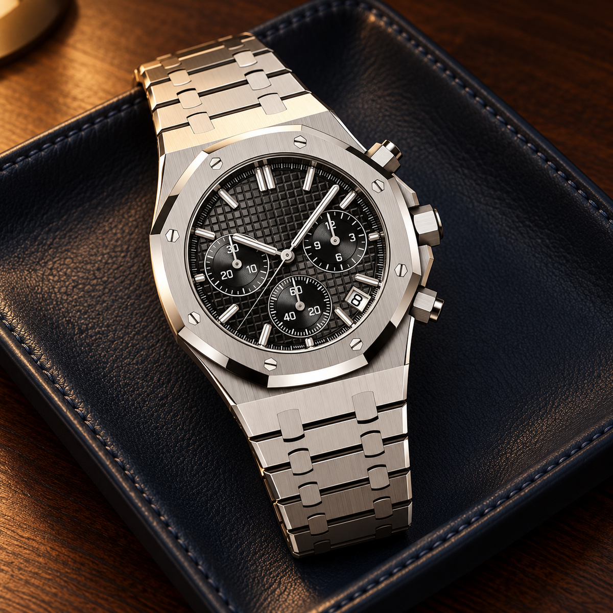 Royal Sportline Stealth Black chronograph laid on navy leather valet pad