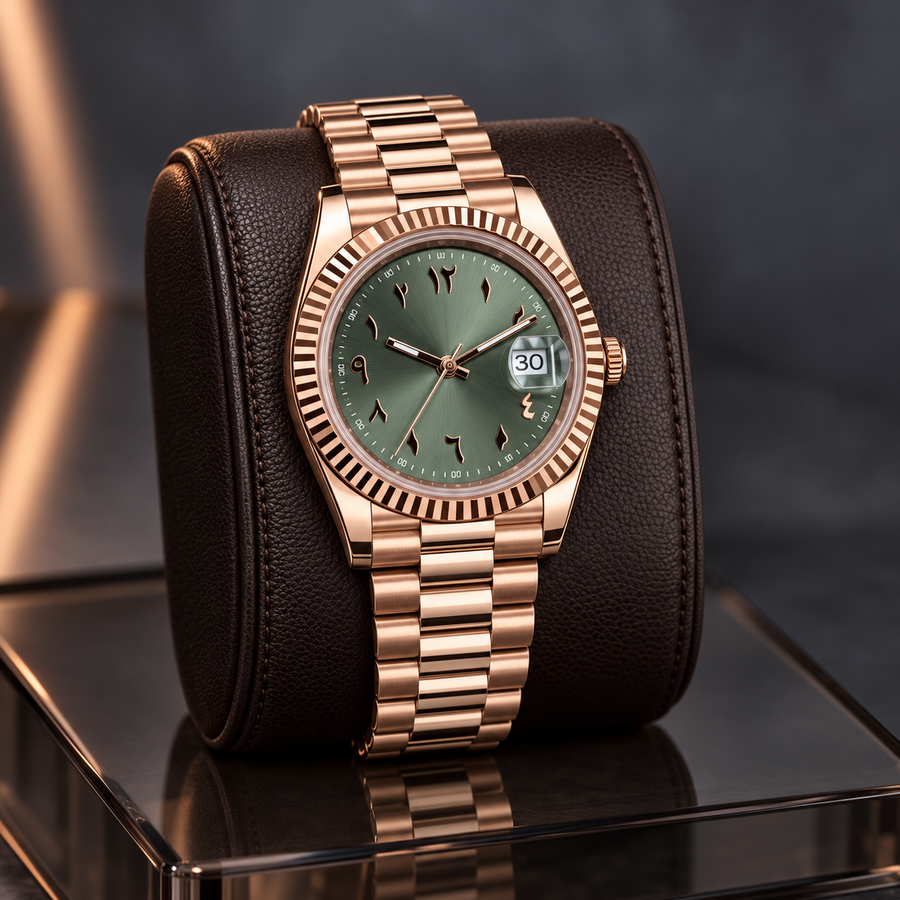 Arabic Heritage Rose Gold Sage Green on espresso leather cushion