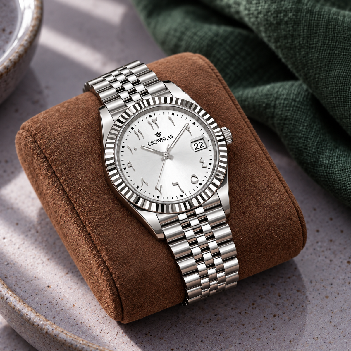 Arabic Heritage Alpine White watch on cocoa suede over lavender stone