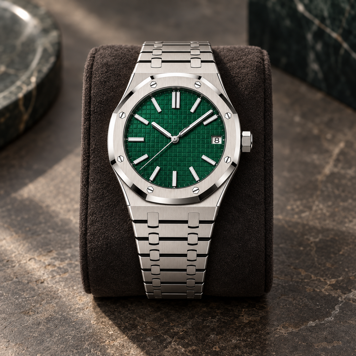Royal Sportline Forest Green upright, logo-free dial on charcoal suede cushion