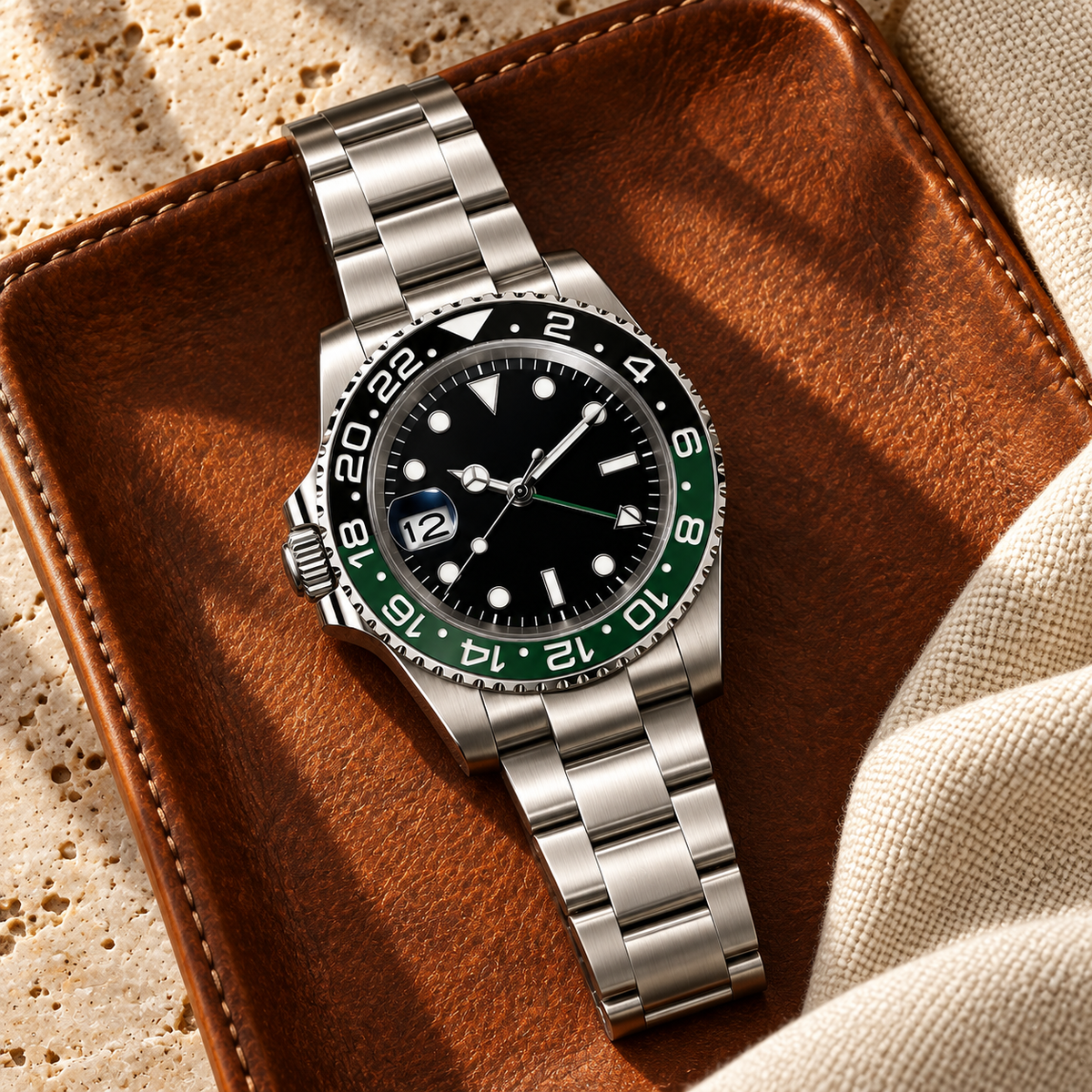 Left-handed GMT Navigator Green Black with three-link bracelet on rust leather