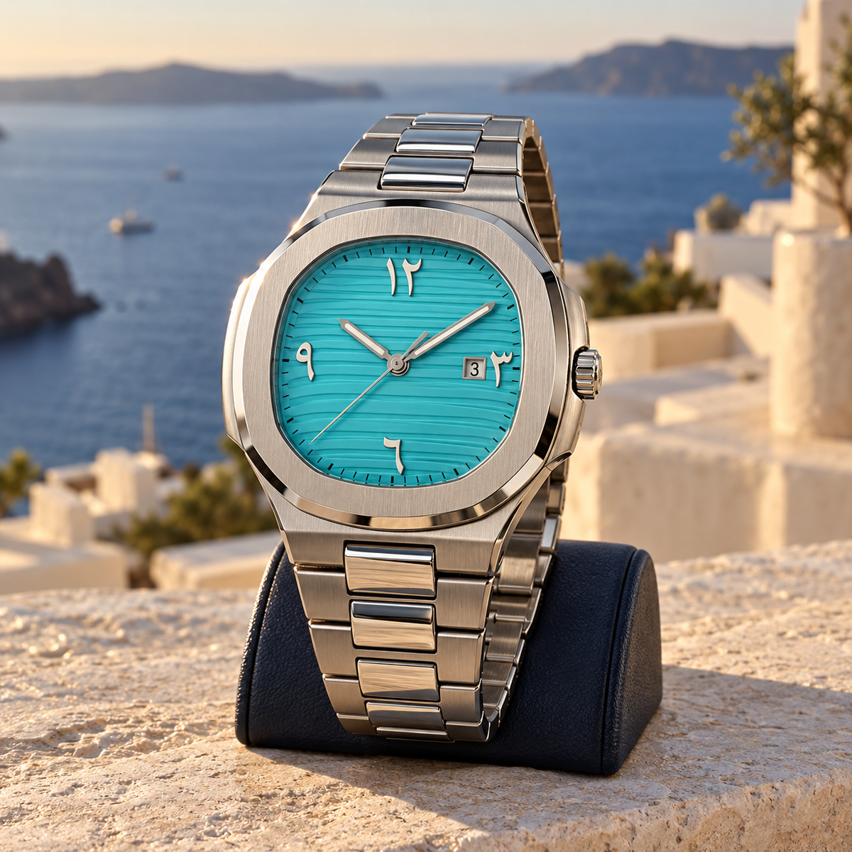 Horizon turquoise Arabic numeral watch on a navy leather stand beside the sea