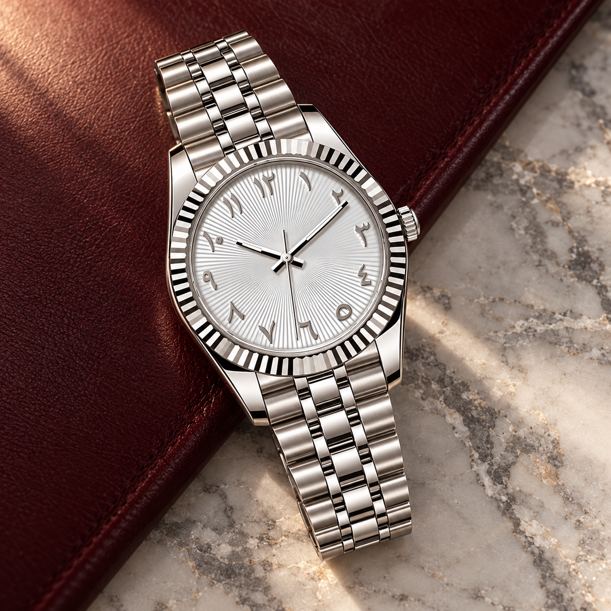 Crownline Ghost White with five-link bracelet on burgundy leather and marble