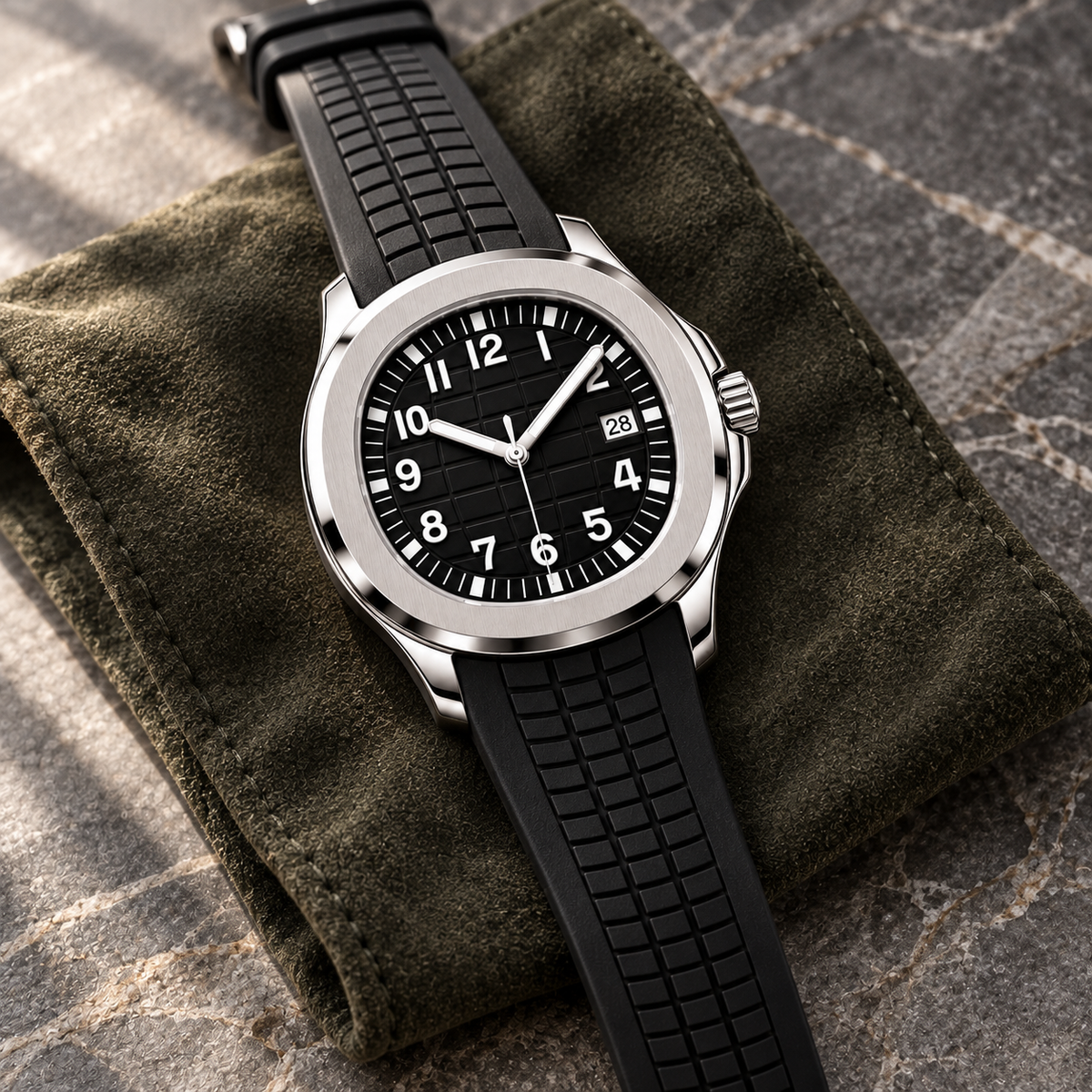 Nautiko Stealth Black rubber-strap watch laid on olive suede and stone