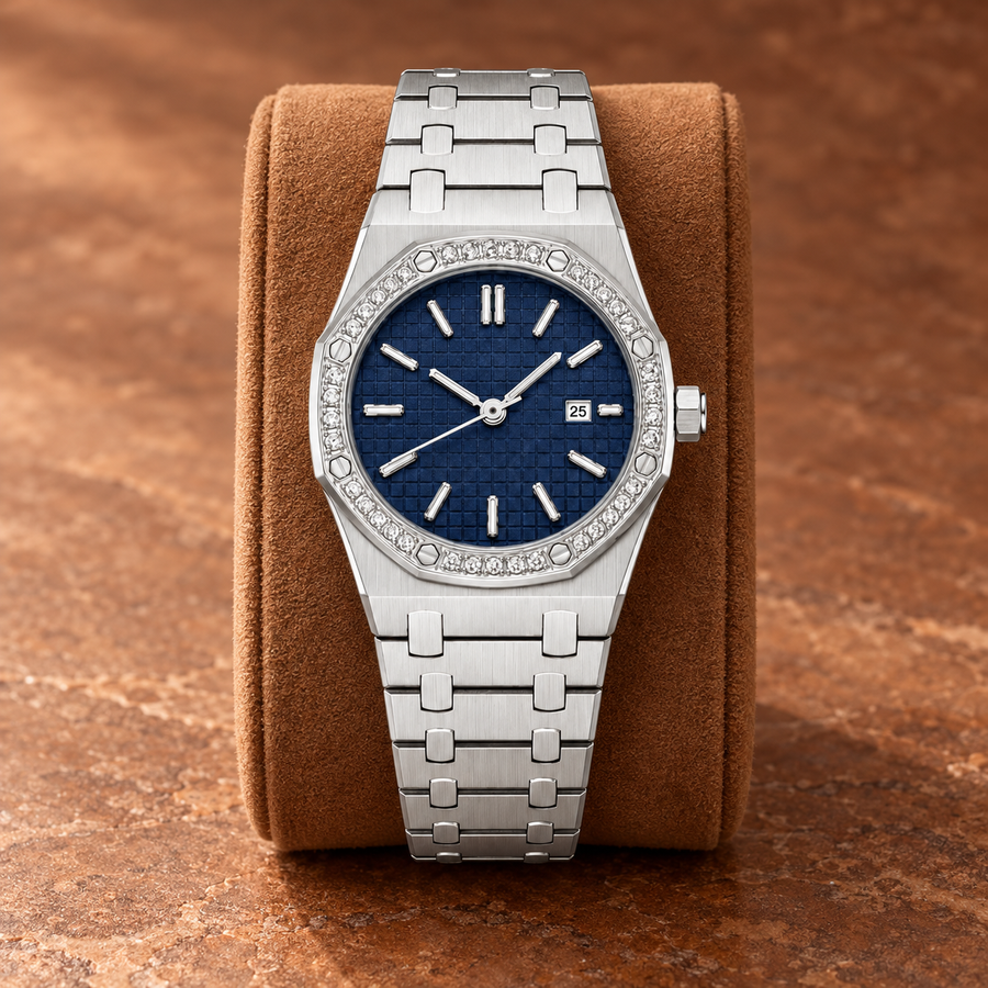 Royal Lady Midnight Blue Iced on cognac suede with date 25