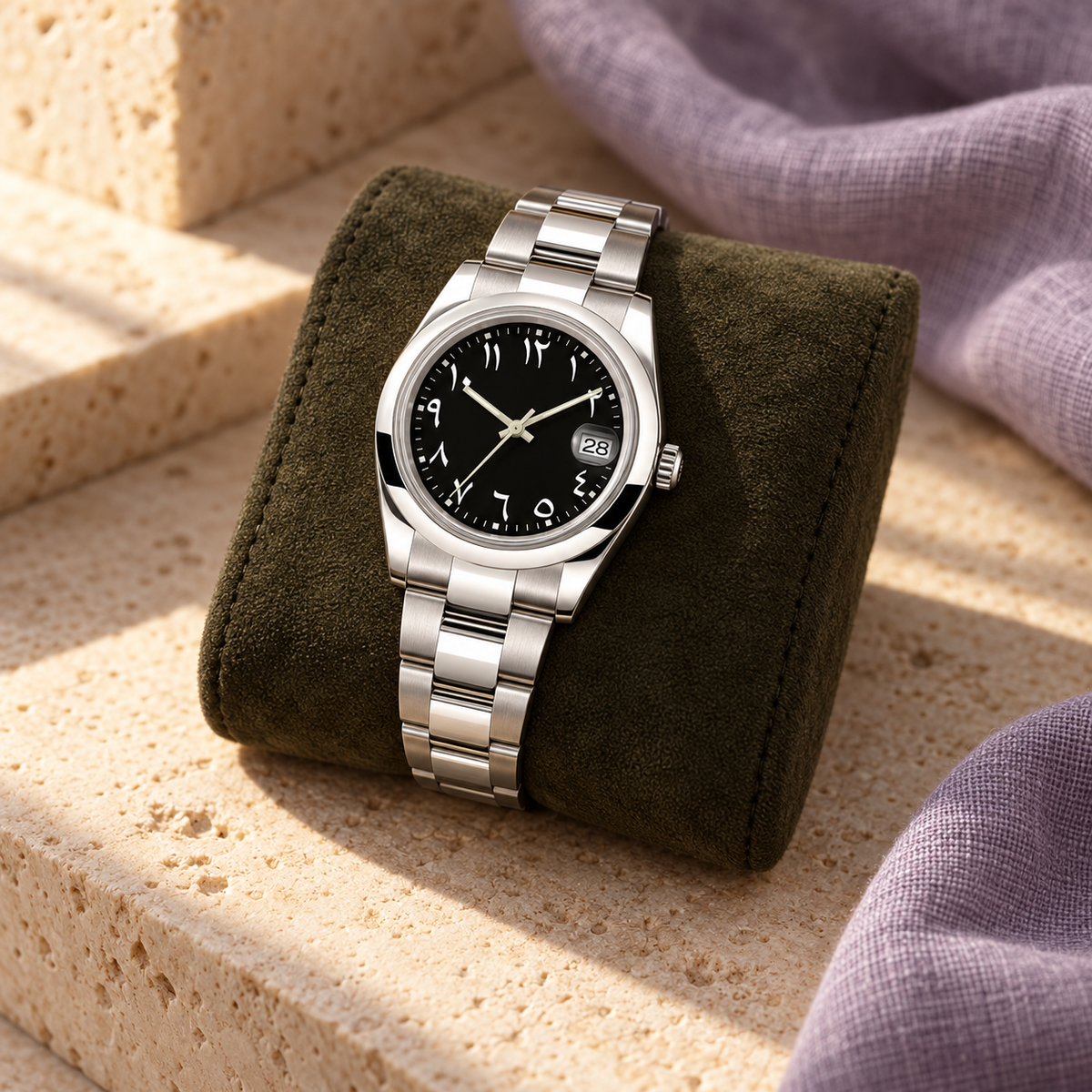 Arabic Heritage Stealth Black watch on olive suede over pale limestone