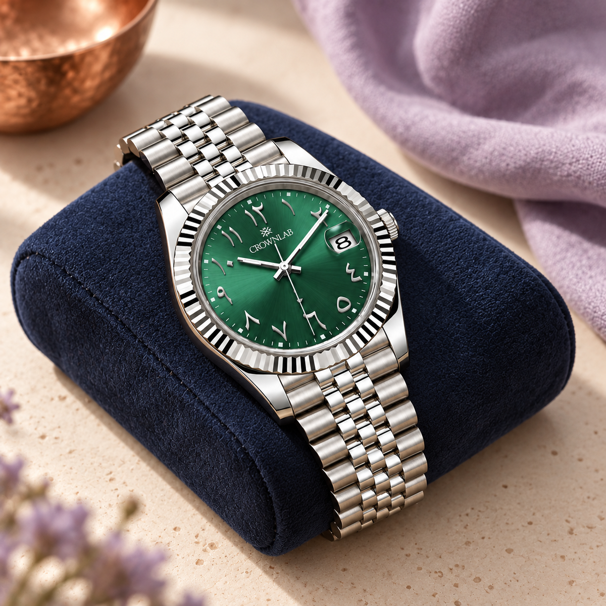 Arabic Heritage emerald green watch on navy suede over ivory ceramic