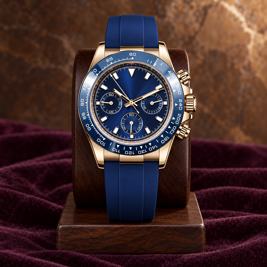 Speedline Royal Abyss Blue Sport gold-tone chronograph on plum velvet stand