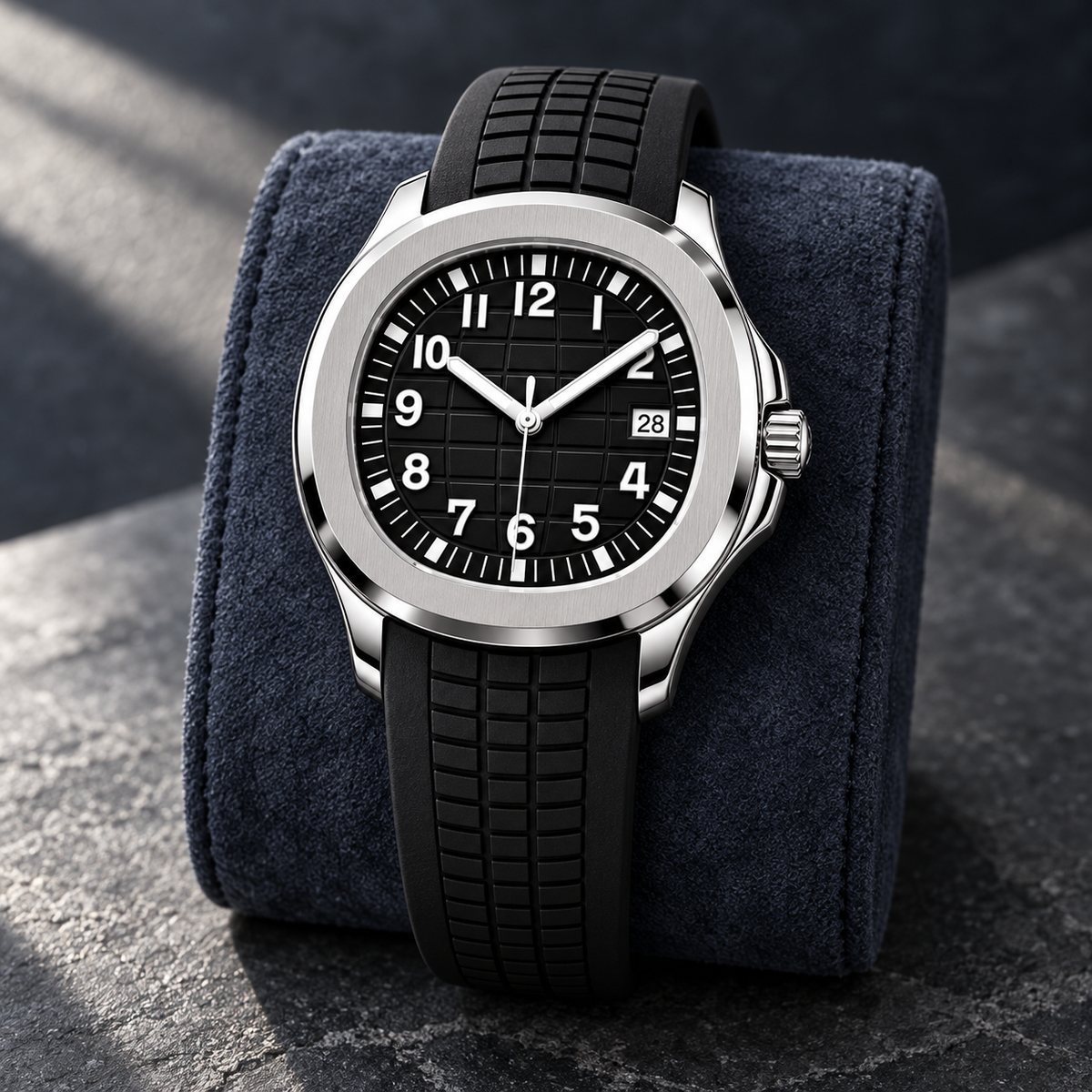 Nautiko Stealth Black rubber-strap watch on indigo-grey suede cushion