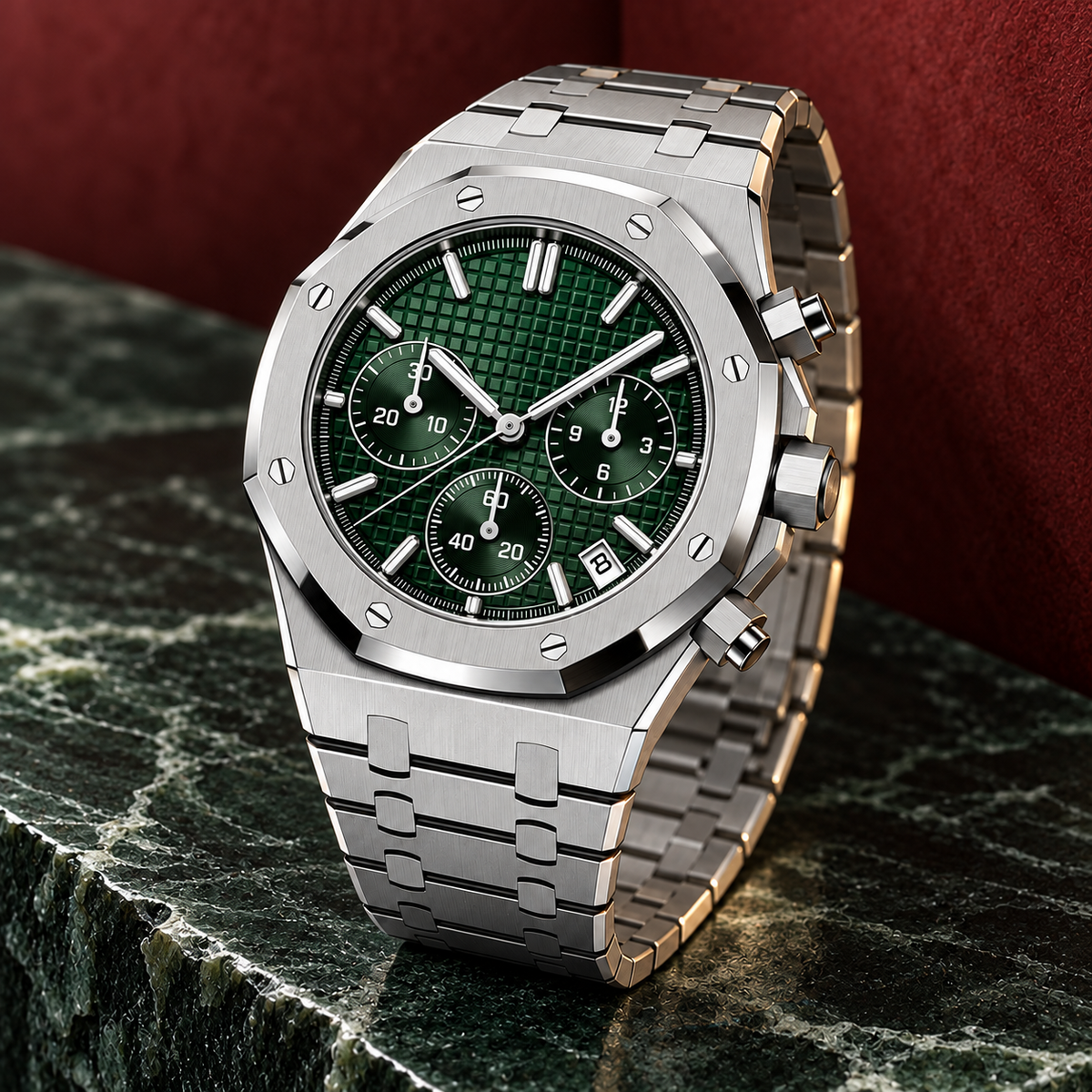 Royal Sportline Forest Green chronograph on green stone with clay-red backdrop