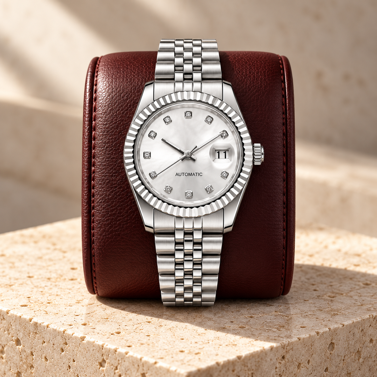 Lady Crownline Silver Crystal on black-cherry leather with date 11