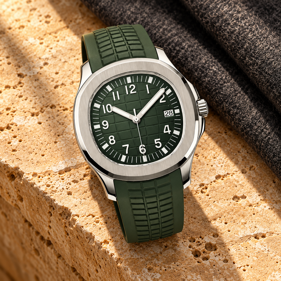 Nautiko Forest Green rubber-strap watch on warm ochre travertine with charcoal wool