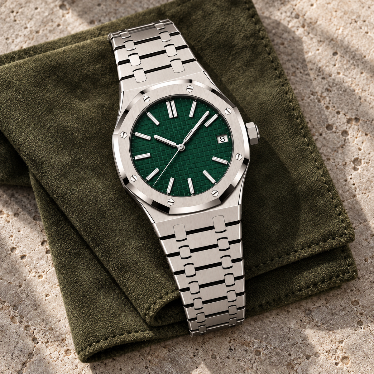 Royal Sportline Forest Green laid on olive suede and limestone