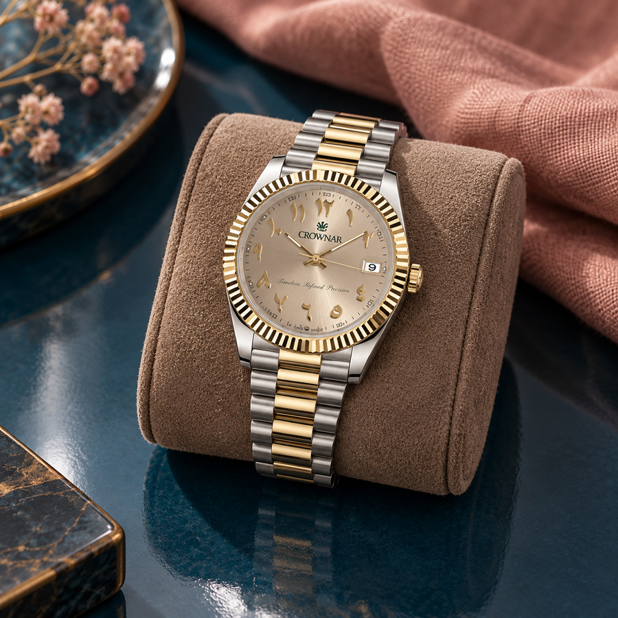 Arabic Heritage champagne and gold two-tone watch on taupe suede against petrol ceramic