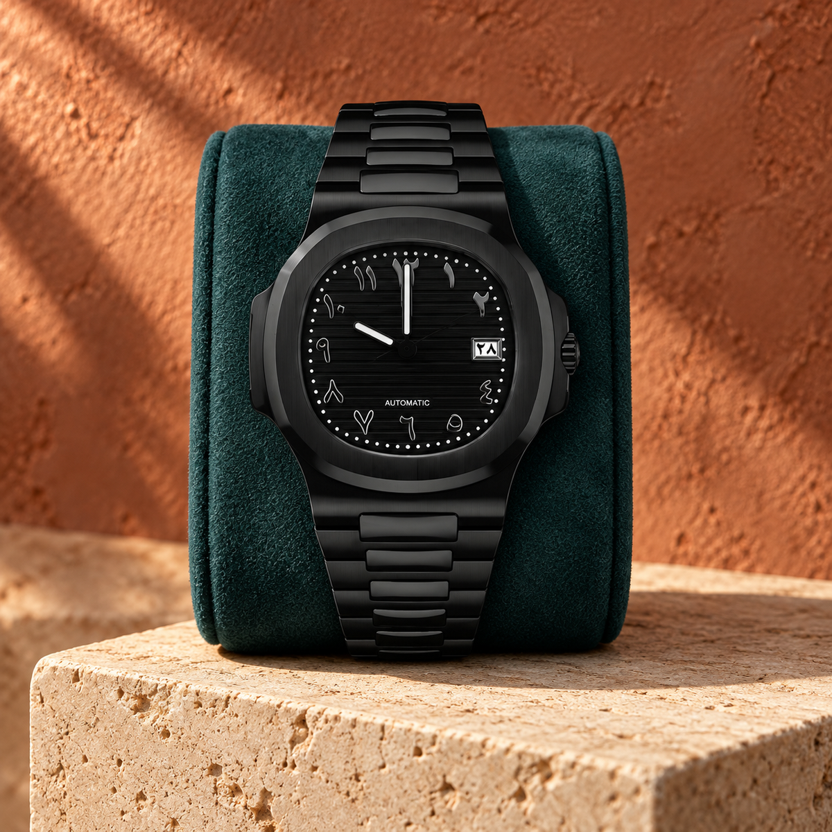 Nautiko Dynasty black Eastern Arabic dial on teal suede and terracotta stone