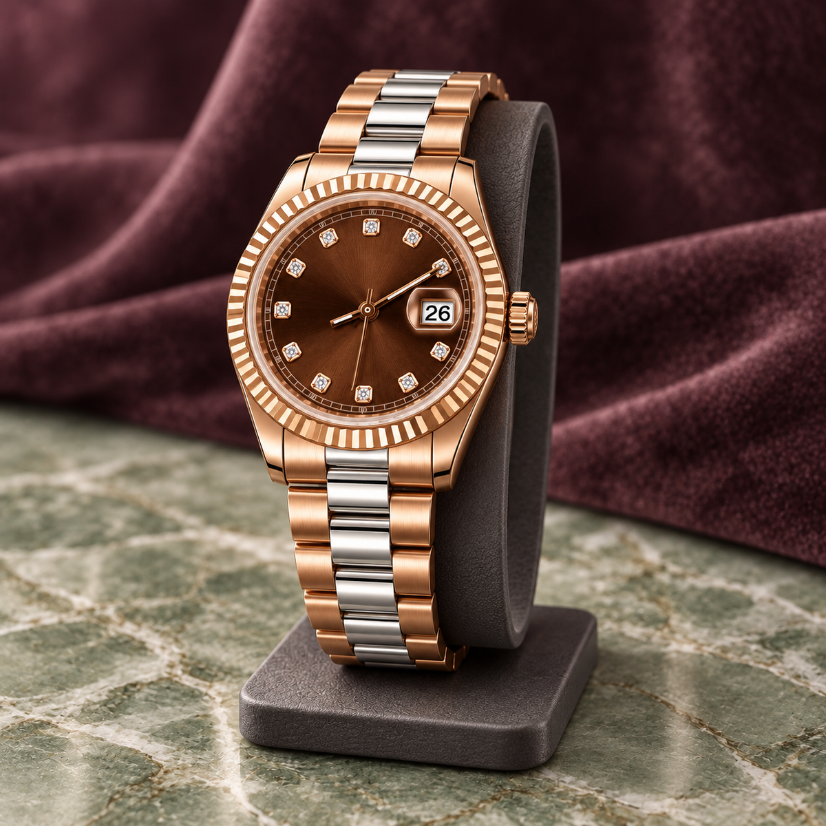 Two-Tone Cocoa Crystal watch on smoke-gray stand and sage marble
