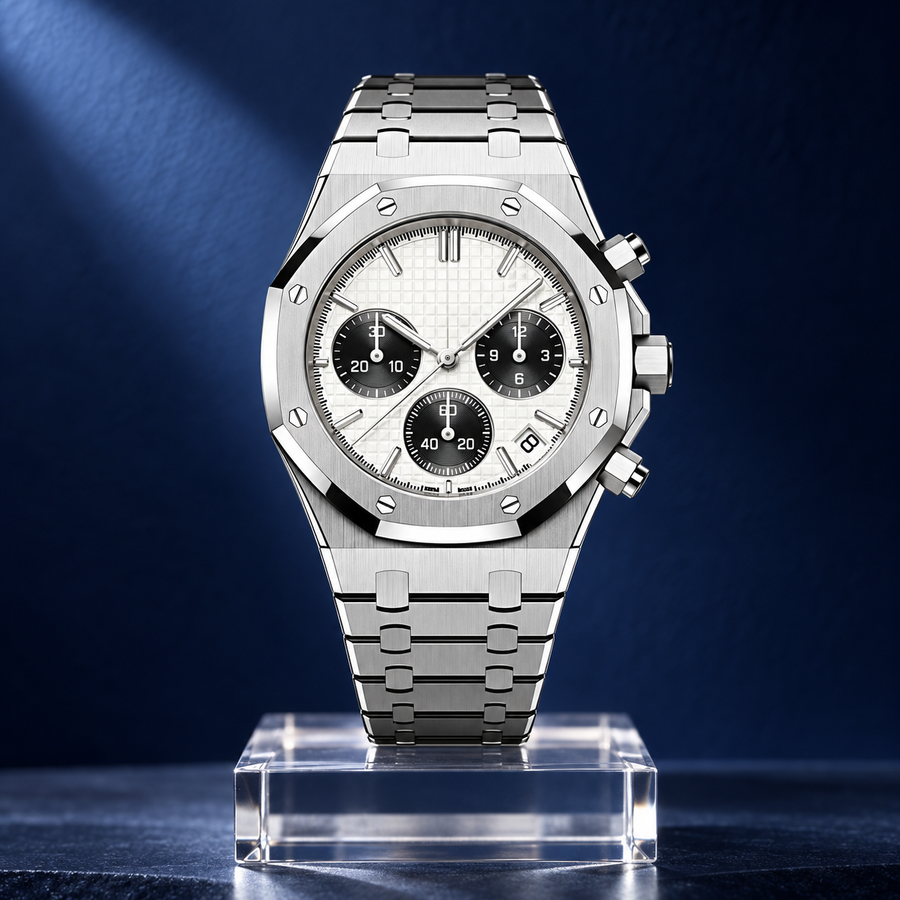 Royal Sportline Monochrome panda chronograph on clear display block against indigo