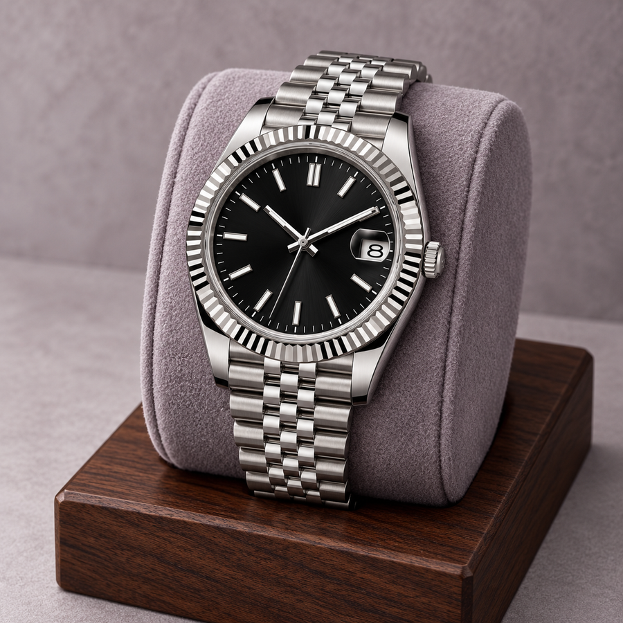 Crownline Date Black Classic with Jubilee bracelet on lavender-grey cushion