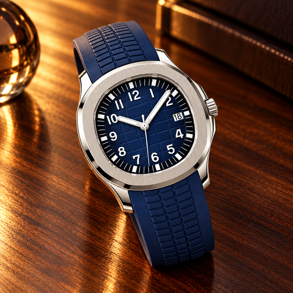 Nautiko Abyss Blue watch resting on amber walnut with smoked glass