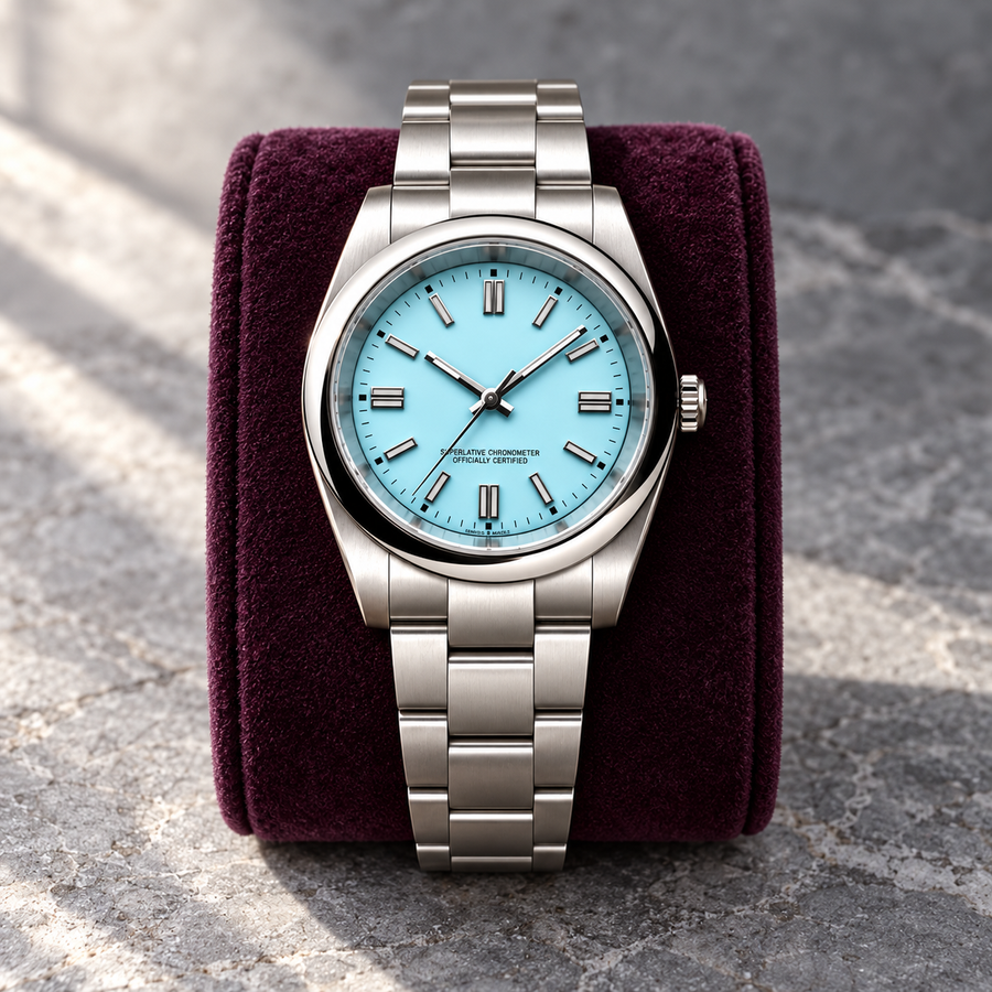Crownline Automatic Aqua Blue watch with three-link bracelet on plum suede cushion