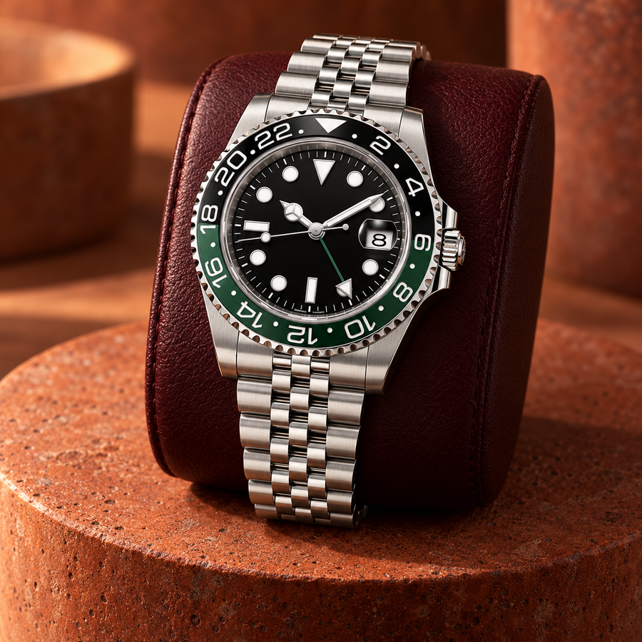 GMT Navigator Green Black on burgundy cushion with Jubilee bracelet