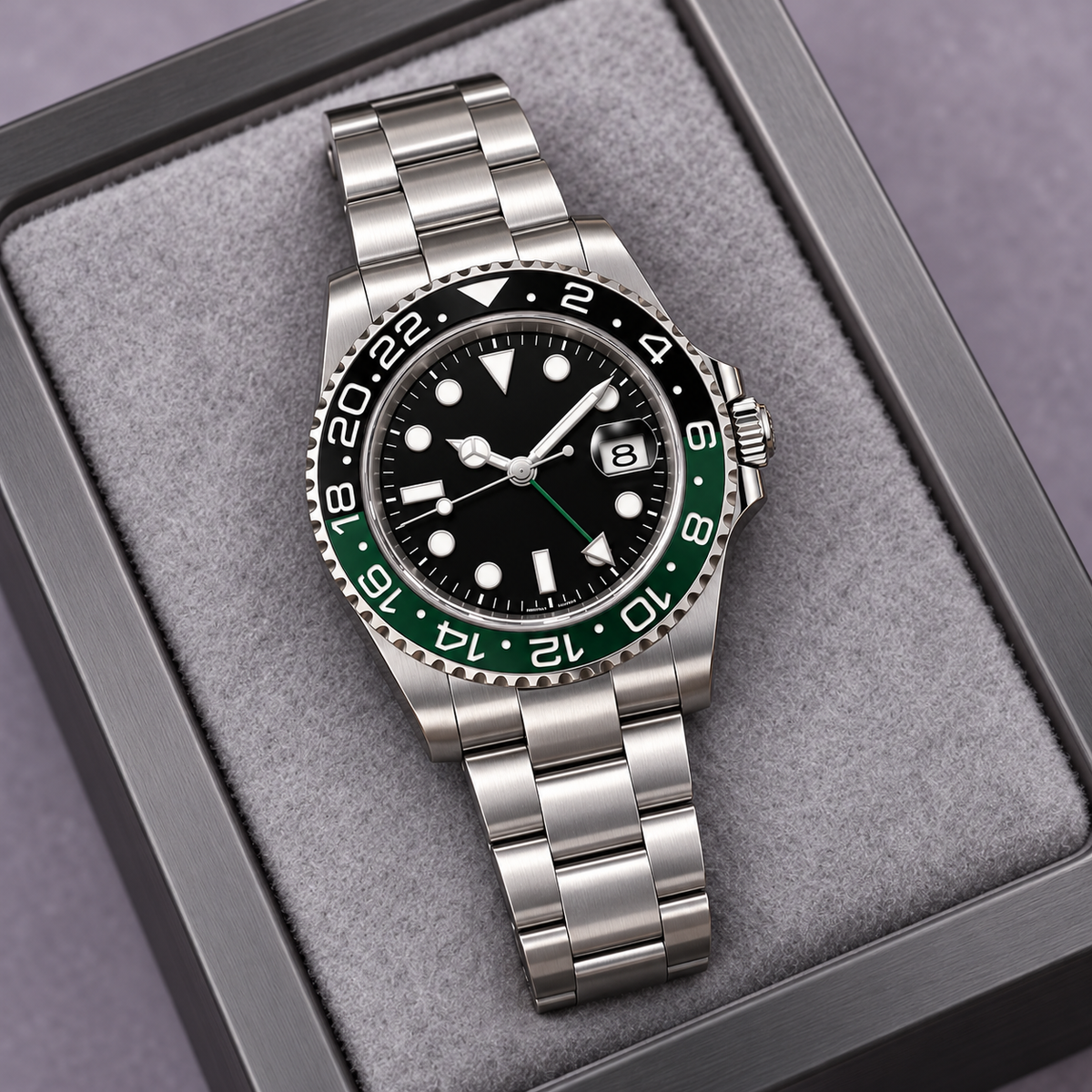 GMT Navigator Green Black with Three-Link bracelet on grey felt