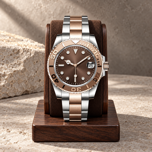 Yachtline Rose Gold with two-tone three-link bracelet on walnut and limestone