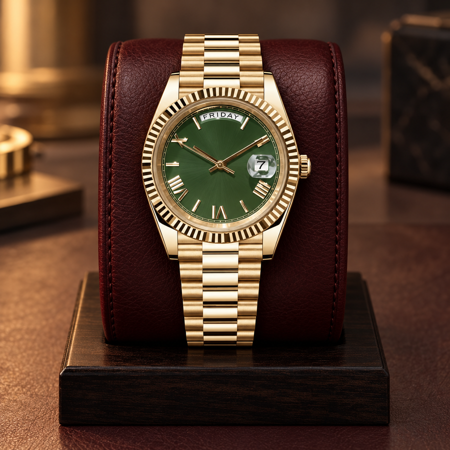 Gold Roman Olive watch on burgundy leather watchmaker cushion and walnut