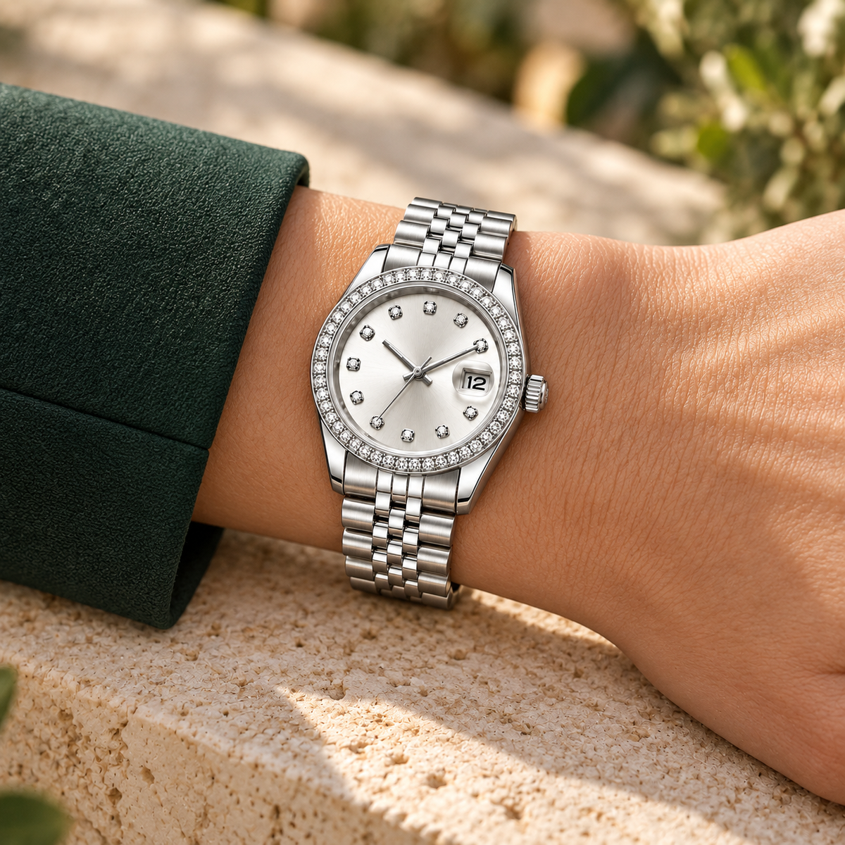 Silver Crystal Classic watch worn with forest-green cuff on ivory stone