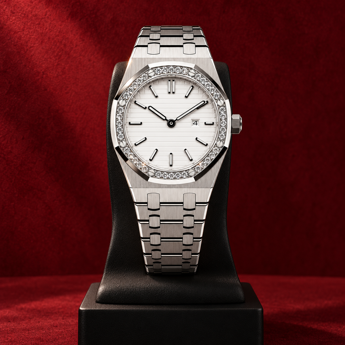 Royal Lady White Silver Iced angular stainless watch on a black display stand against deep red suede
