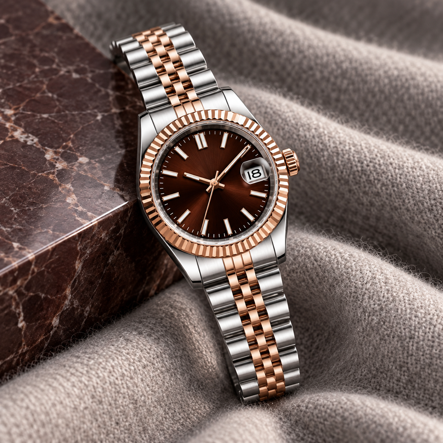 Two-Tone Rose Gold Chocolate watch on gray cashmere and plum stone