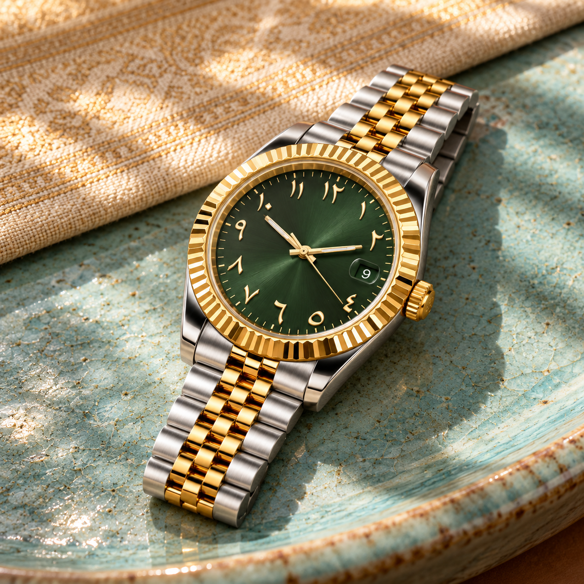 Side angle Arabic Heritage Imperial Green and Gold on turquoise ceramic