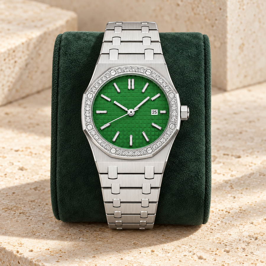 Royal Lady Emerald Iced on forest-green suede with emerald grid dial and date 25