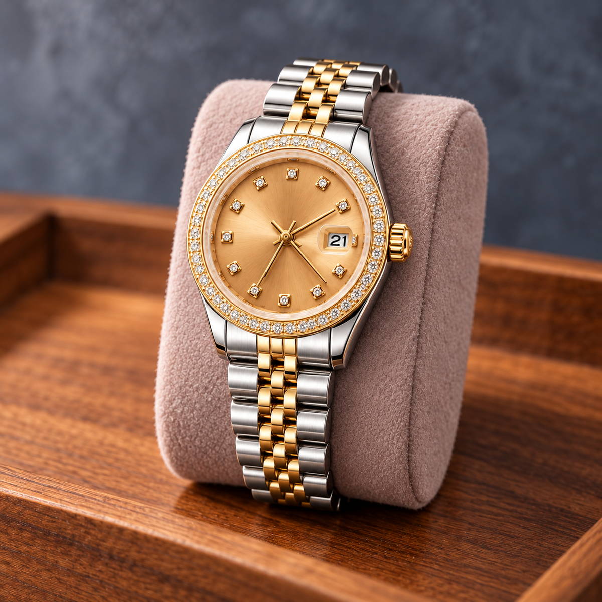 Two-Tone Champagne Crystal watch on mauve suede cushion and walnut