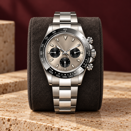 Speedline Chronograph Champagne dial on charcoal stand and travertine