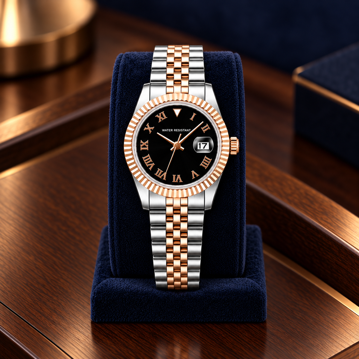 Lady Crownline Two-Tone Rose Gold Black Roman watch on navy velvet stand