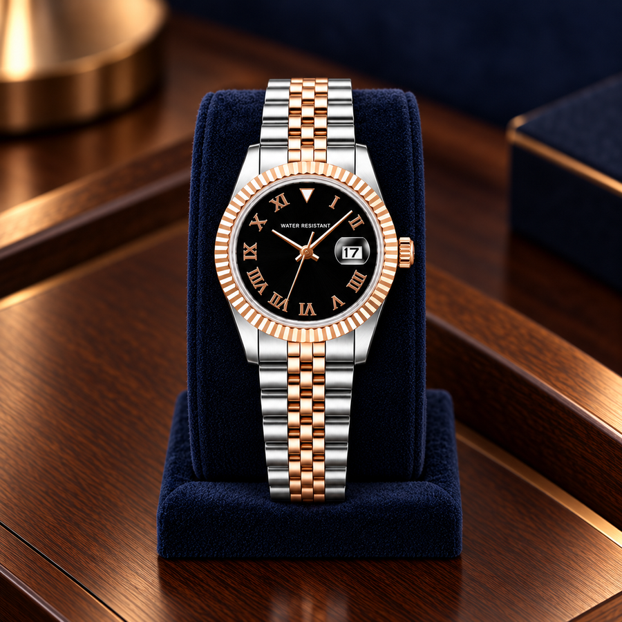 Lady Crownline Two-Tone Rose Gold Black Roman watch on navy velvet stand